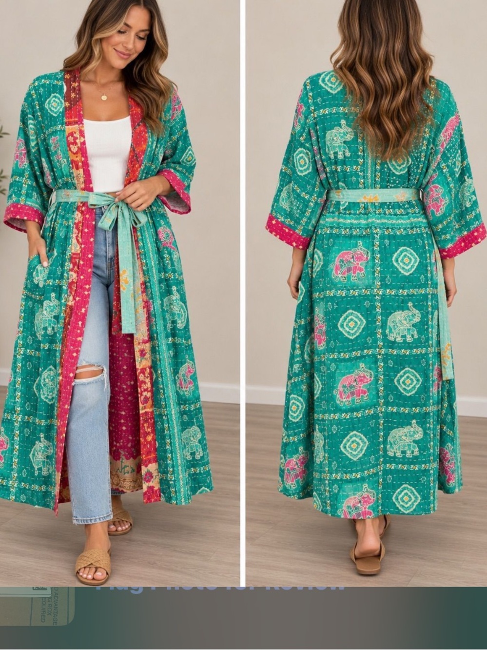 Kantha Style Handcrafted Green Printed Patchwork Boho Duster Robe Belt One Size